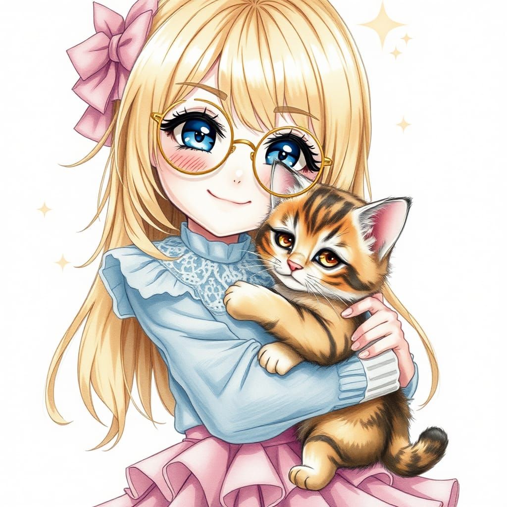 Anime Girl Hugs Kitten in Detailed Pencil Sketch