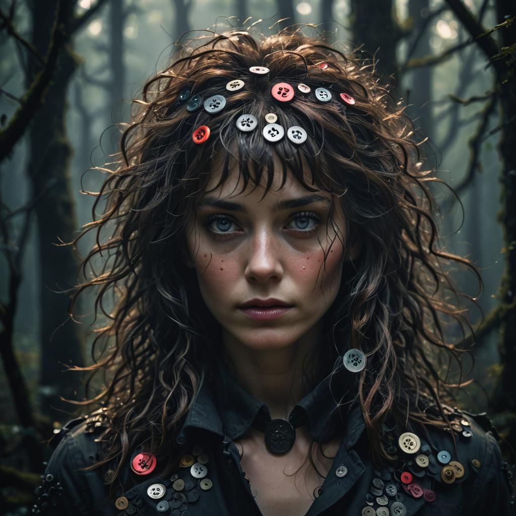 Mystical Forest Portrait: Woman with Button Hair