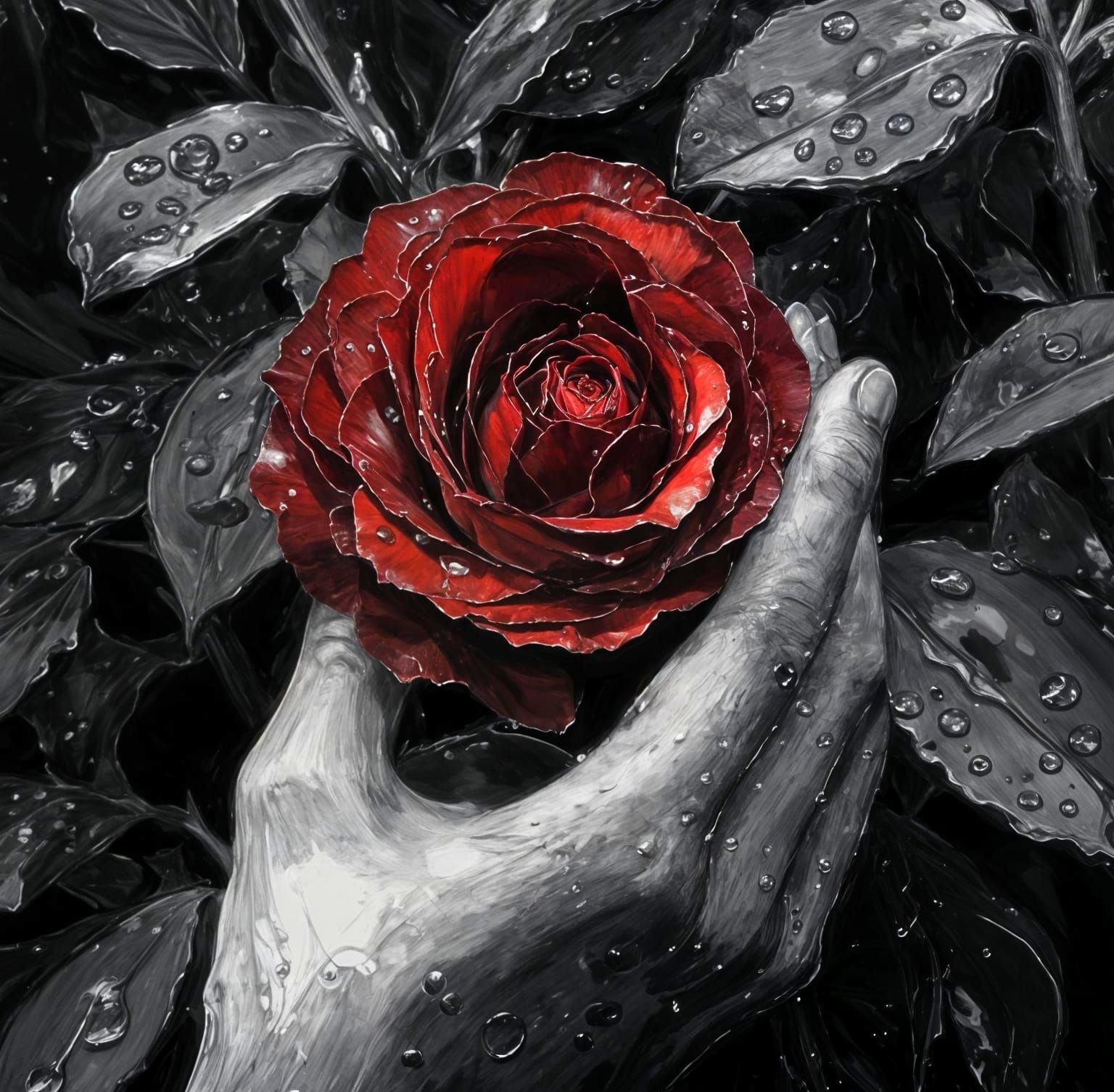 Monochromatic Hands Holding a Dark Red Rose in a Chiaroscuro...