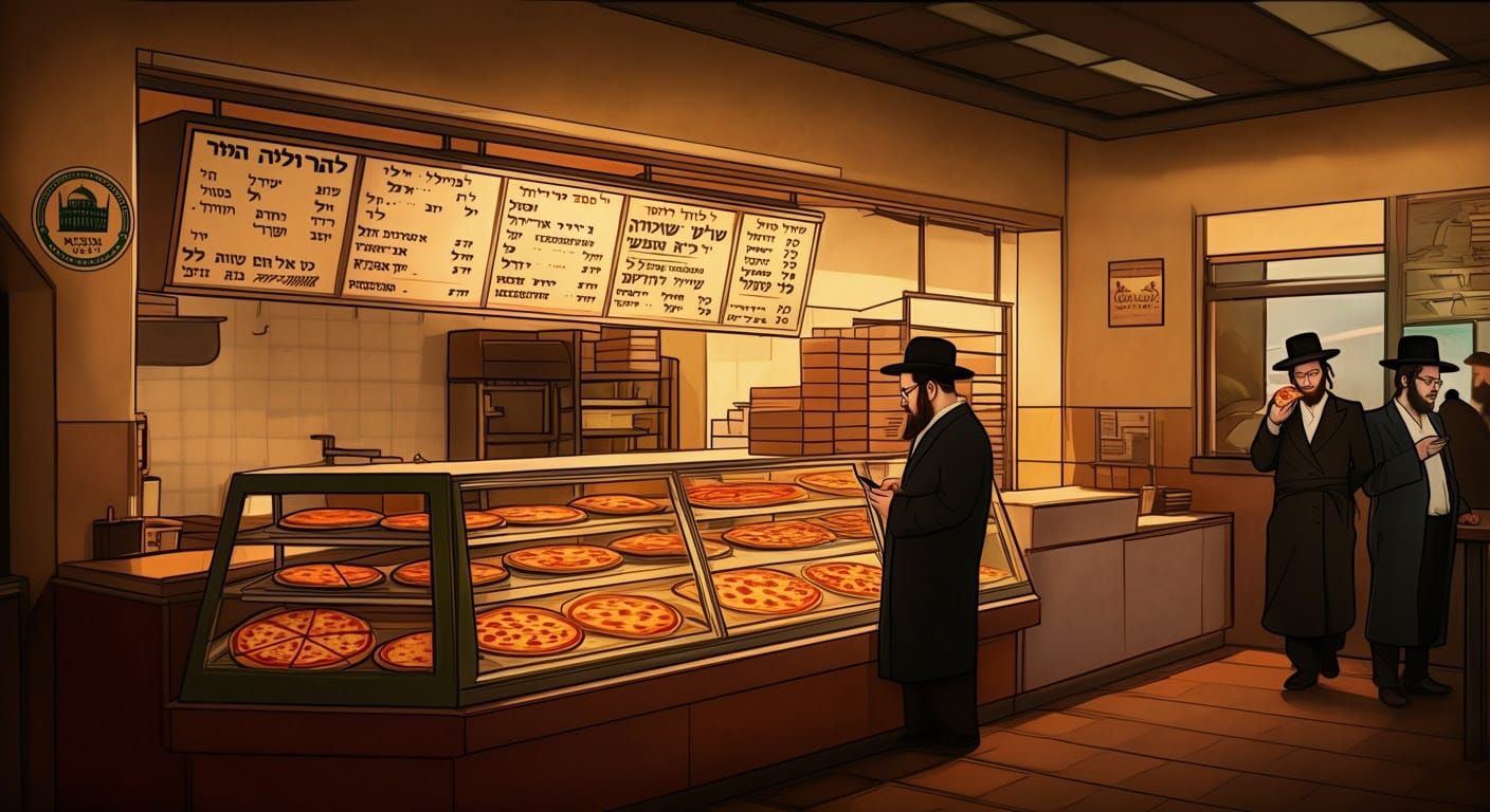 Haredi Kosher Pizza Shop in Comic Style