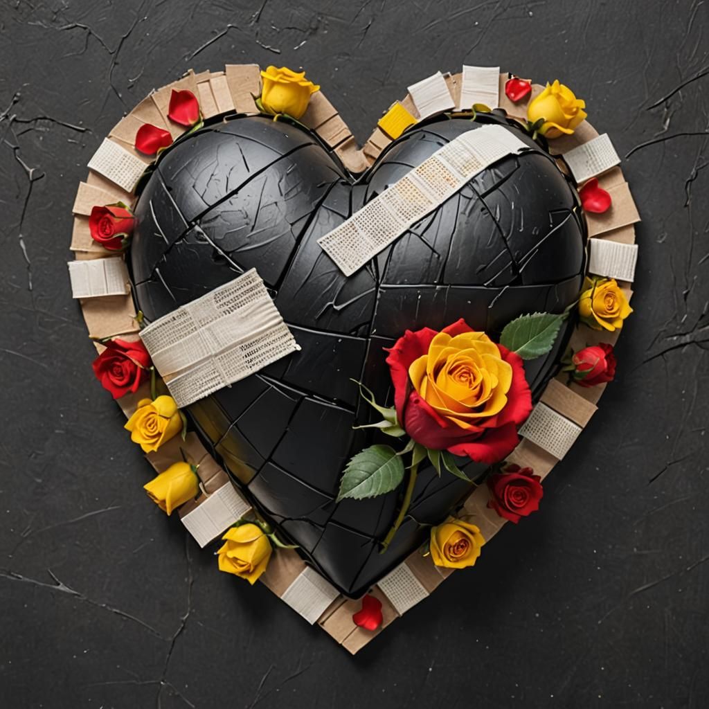 Bandaged Black Heart with Red Section and Rose