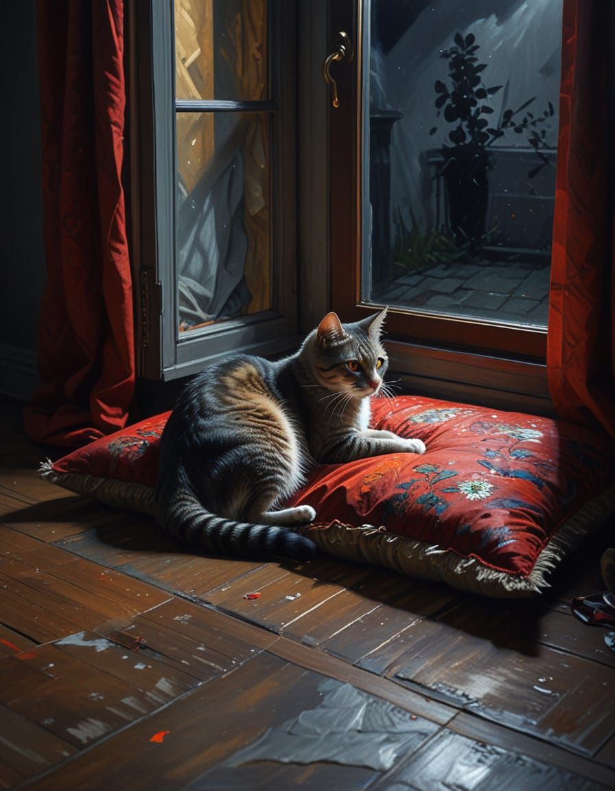 Impressionist Cat Painting in Chiaroscuro Light