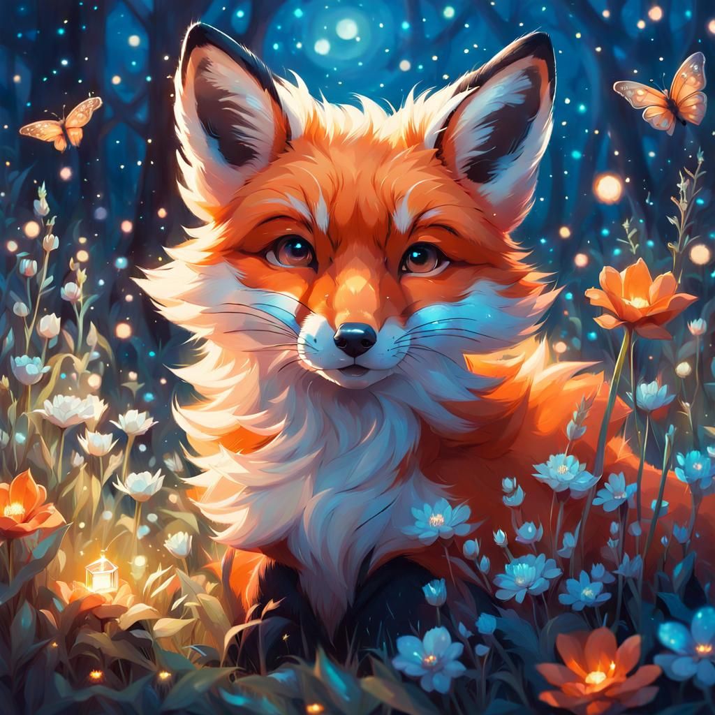 Adorable Bioluminescent Fox with Crystal Butterfly