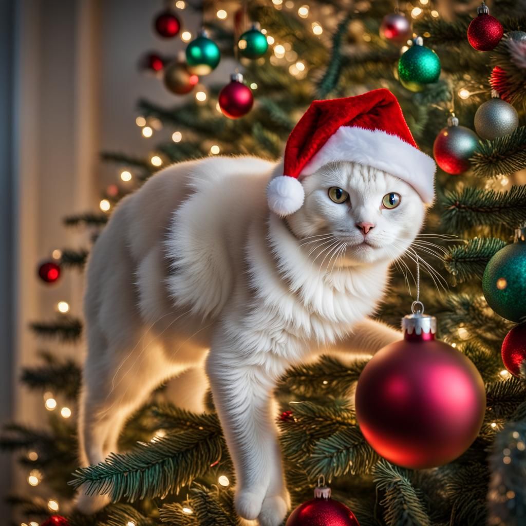 Cat in Santa Hat Climbing Christmas Tree
