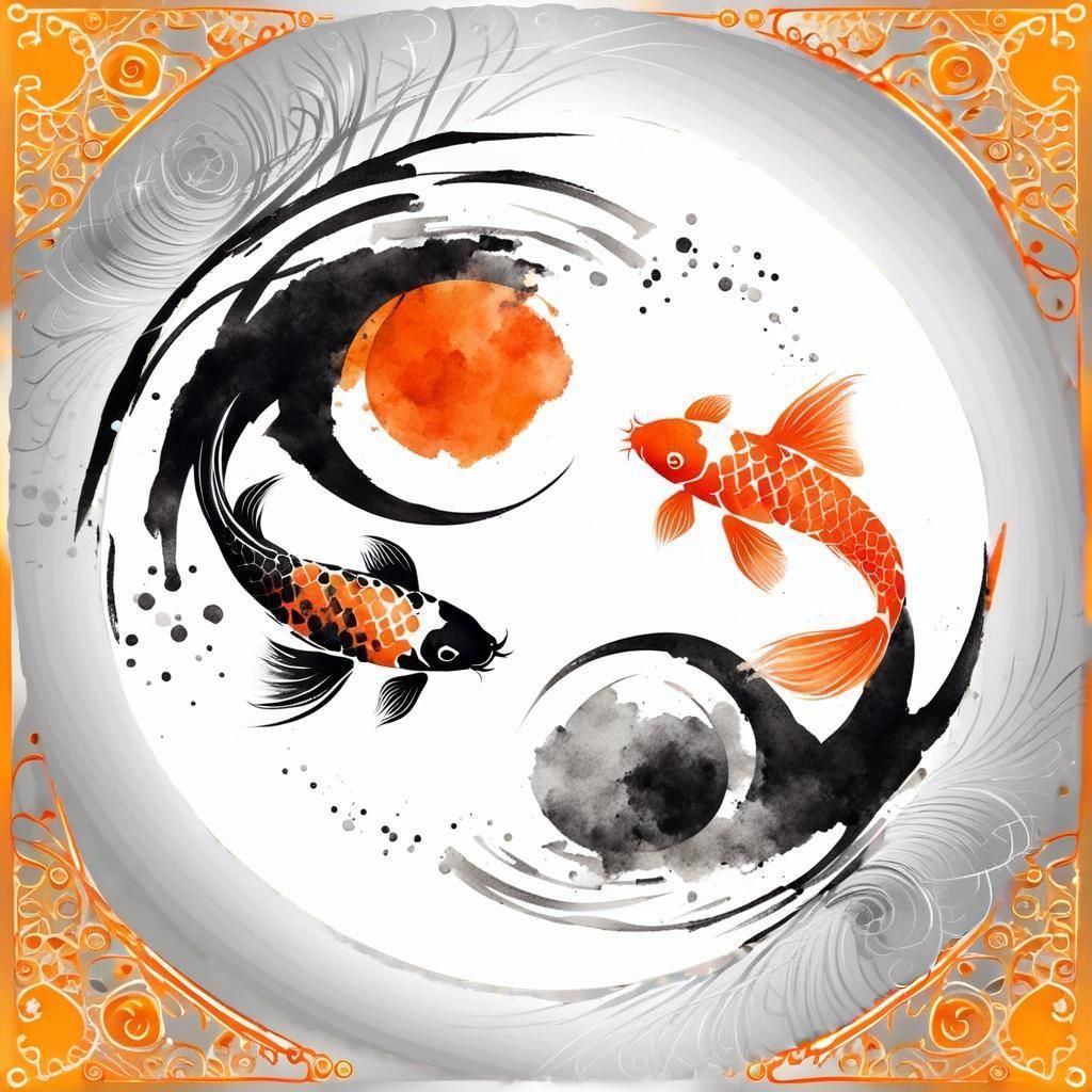 Duality, Yin-yang symbol, two koi fish circle. Water Ink painting, SDXL1