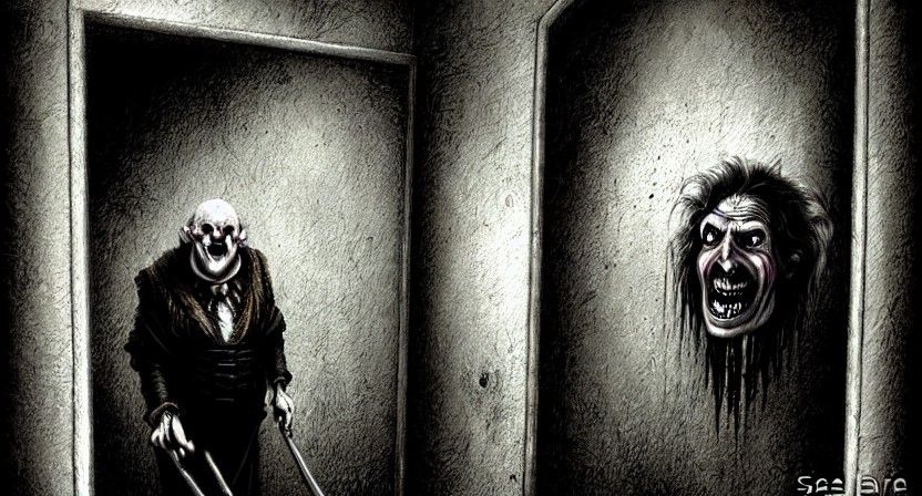 Laughing Knave in Dark Hallway, Fantasy Art