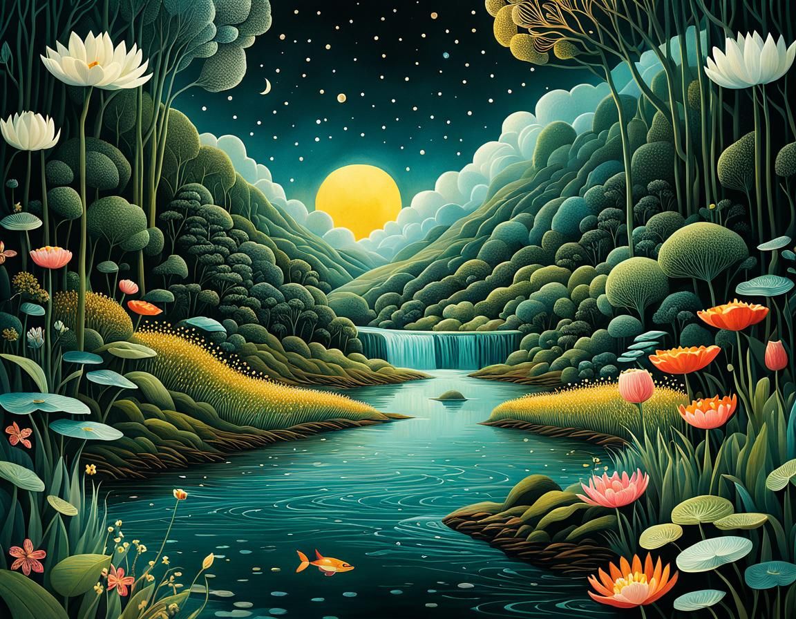 Magical River Scene in Whimsical Style