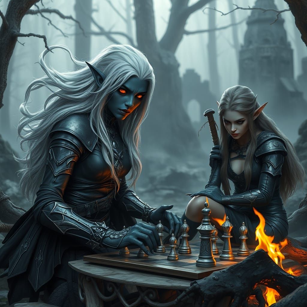 Drow and Elf Warriors Play Chess in Misty Forest