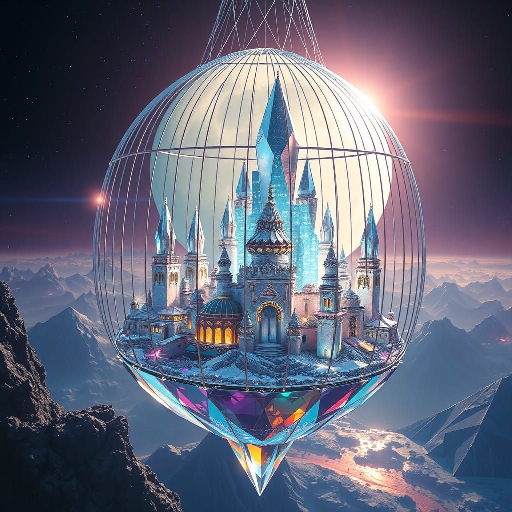Crystalline City in Crystal Birdcage Hanging from Moon