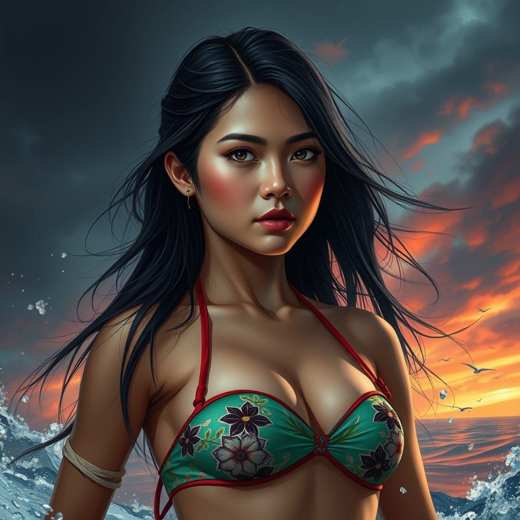 Hyperrealistic Girl in Bikini Running on Beach During Storm