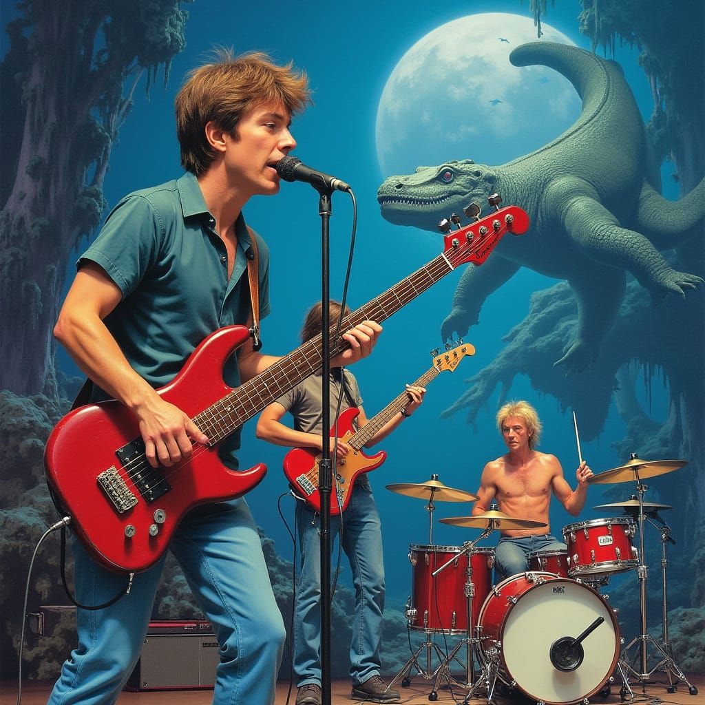 Progressive Rock Band Performing with Surreal Ocean Backdrop