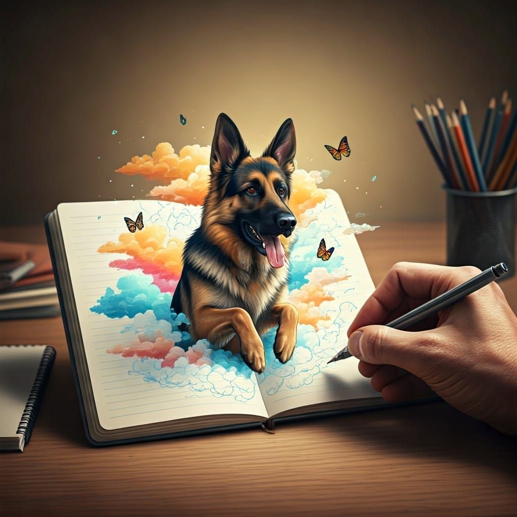 a man drawing a dog with a pen, and the dog seems to burst o...