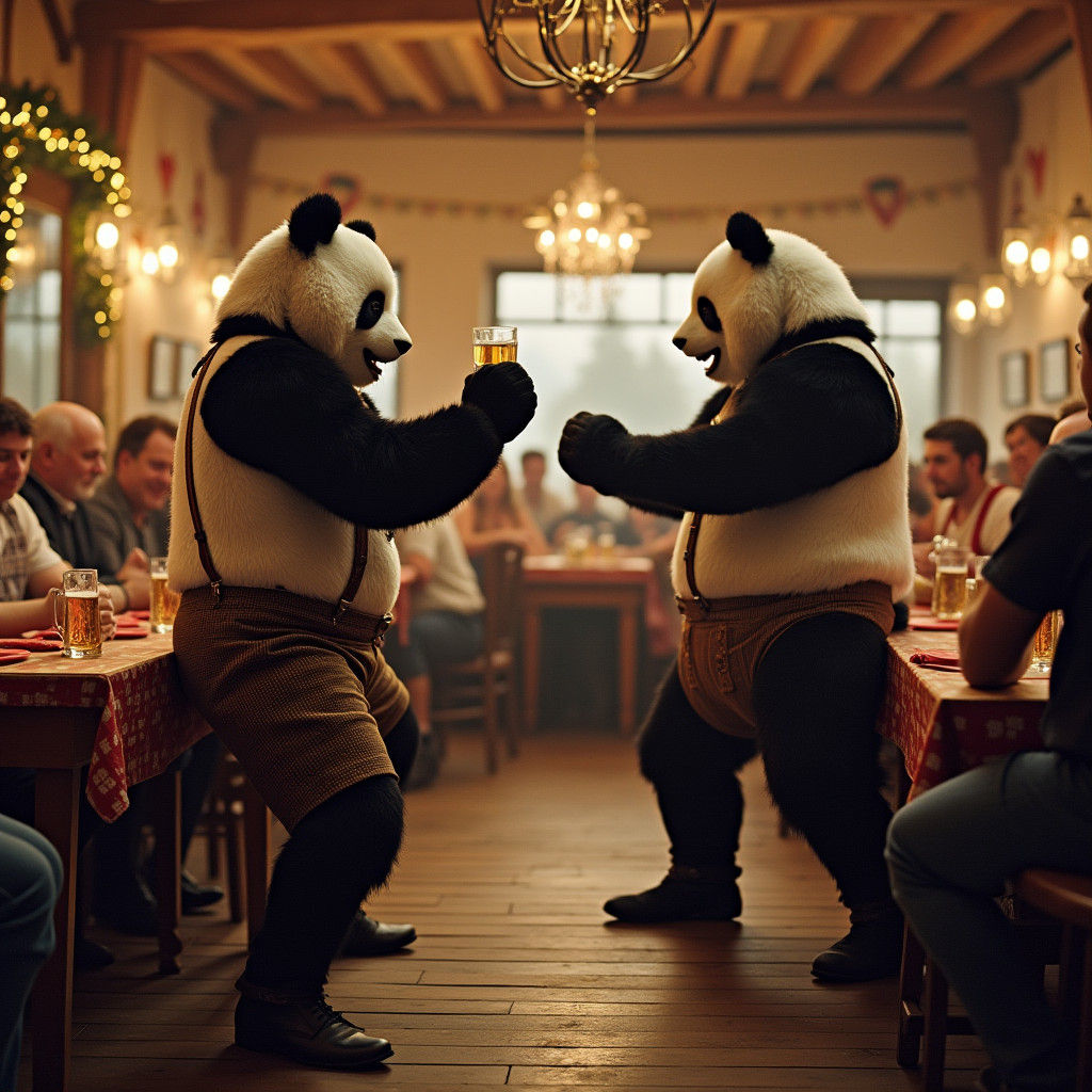 Oktoberfest Panda and Man Prepare to Fight