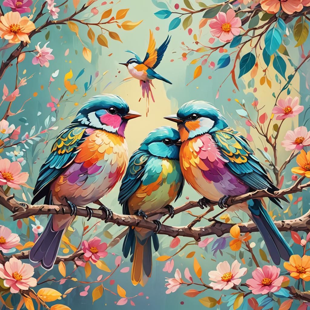 Colorful Birds on Branch in Digital Illustration