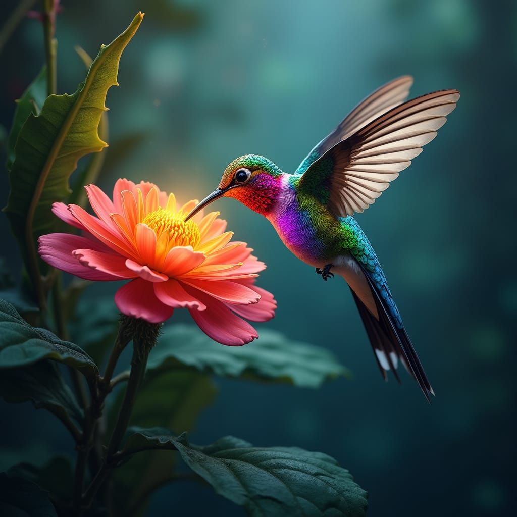 Rainbow Hummingbird Sipping Nectar in a Bioluminescent Jungl...