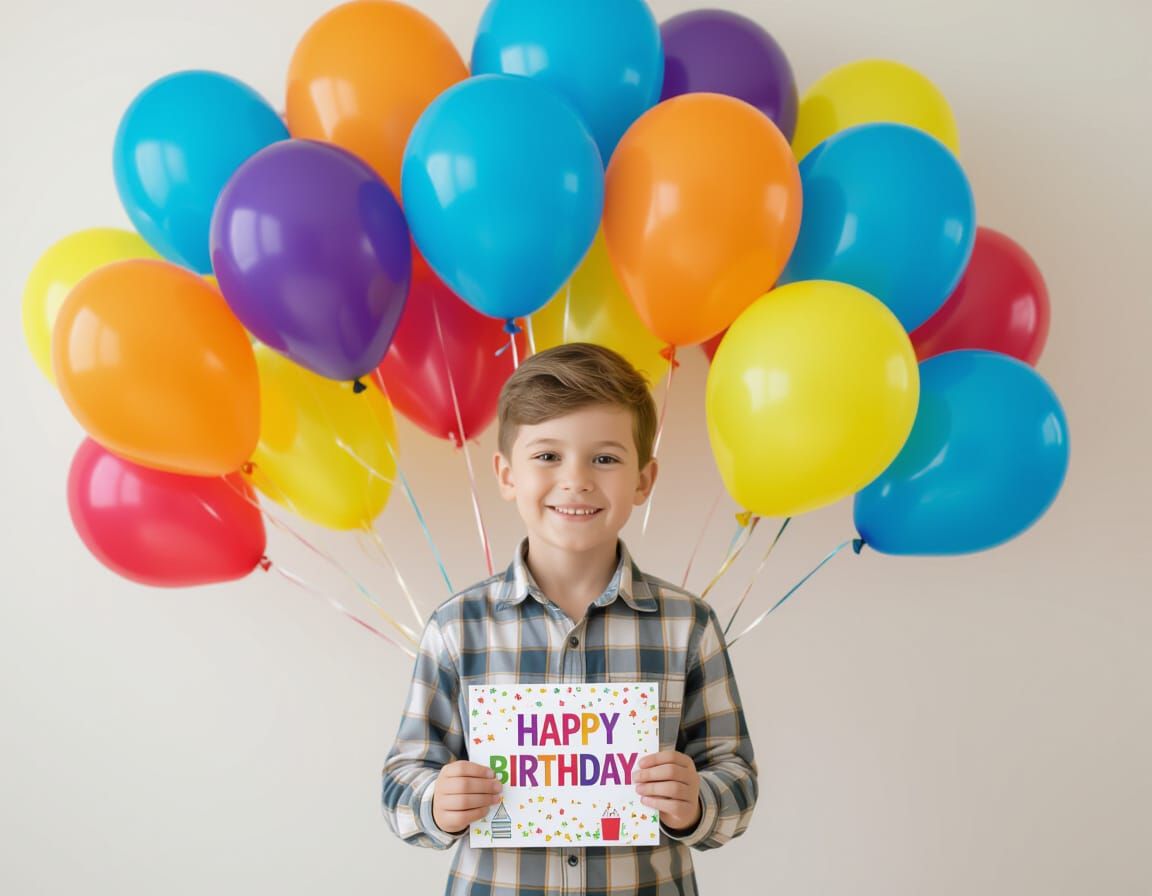 Boy with Balloons Birthday Card Illustration