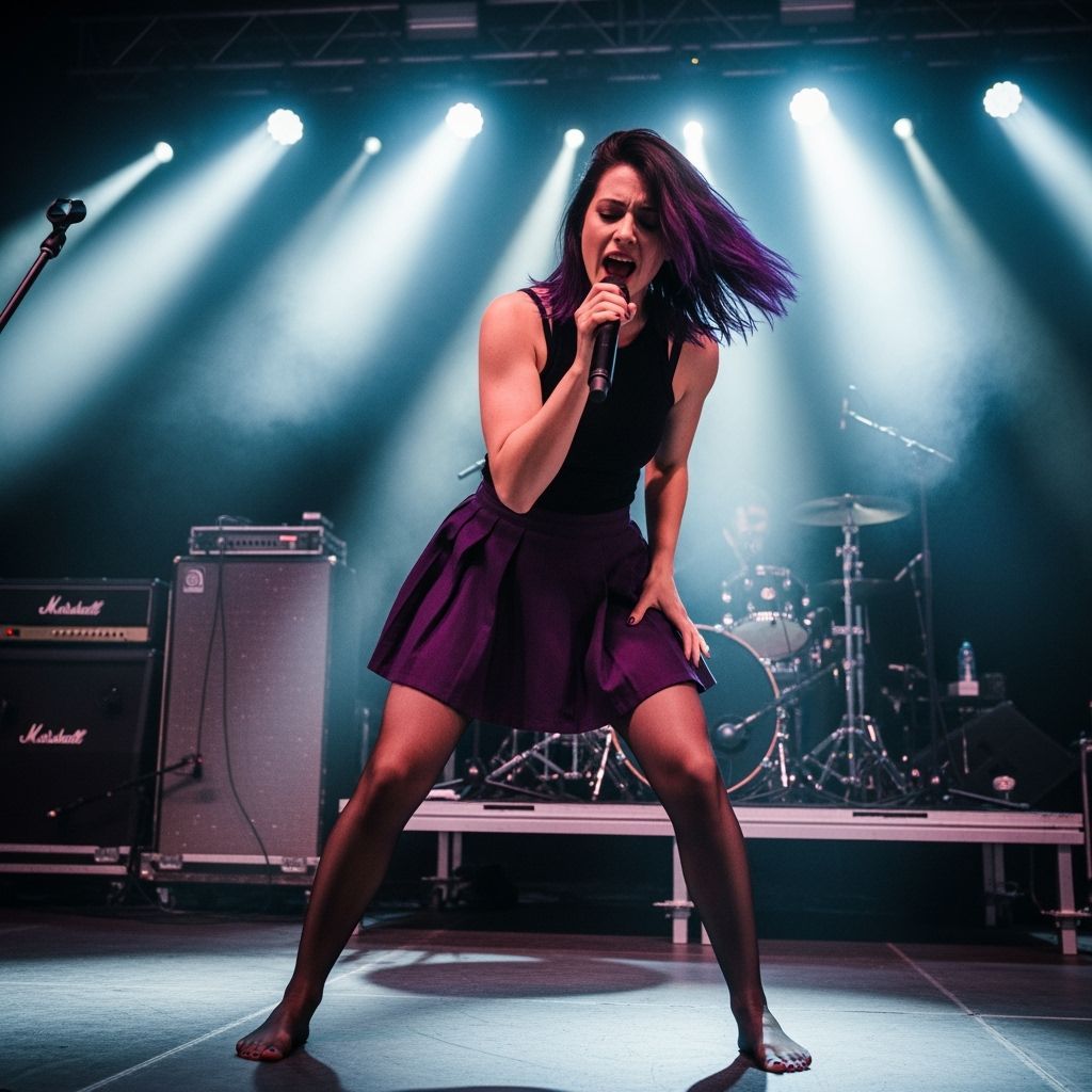 Female Singer Belting High Note at Concert in Dramatic Light...