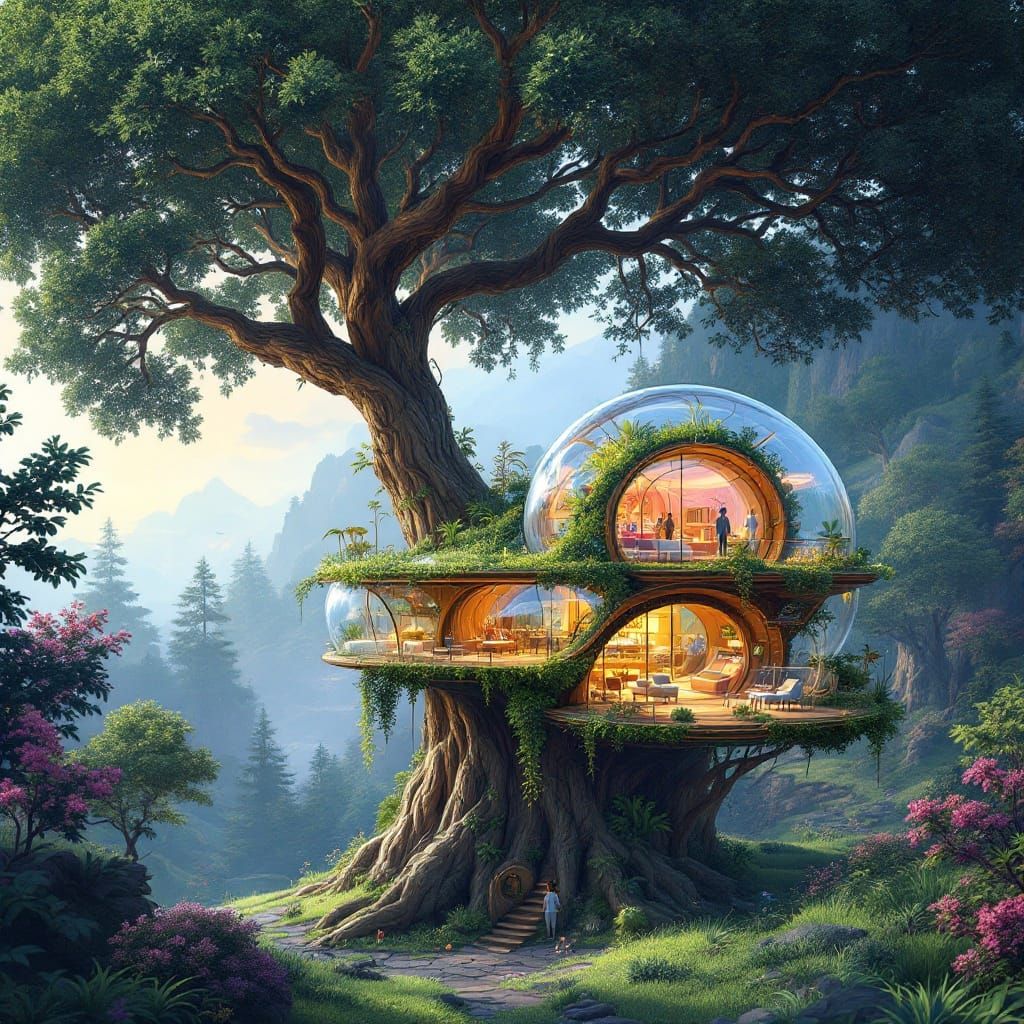 Whimsical Solarpunk Treehouse Blooms Within a Giant Sequoia