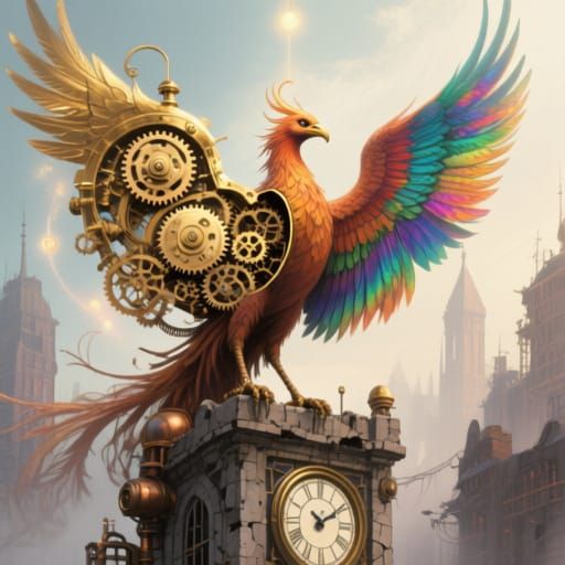 Clockwork Phoenix in Steampunk City, Digital Art