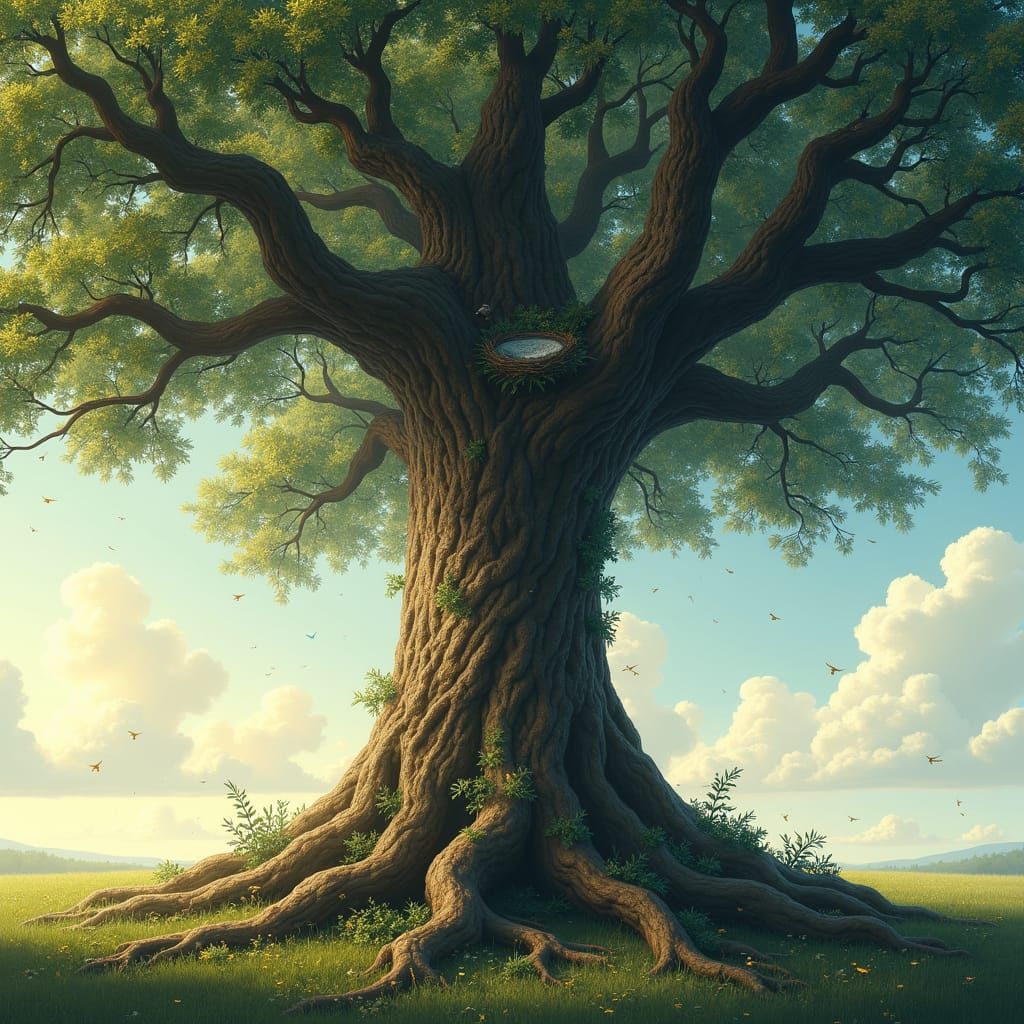 Majestic Tree in Serene Sky with Viking-Inspired Roots