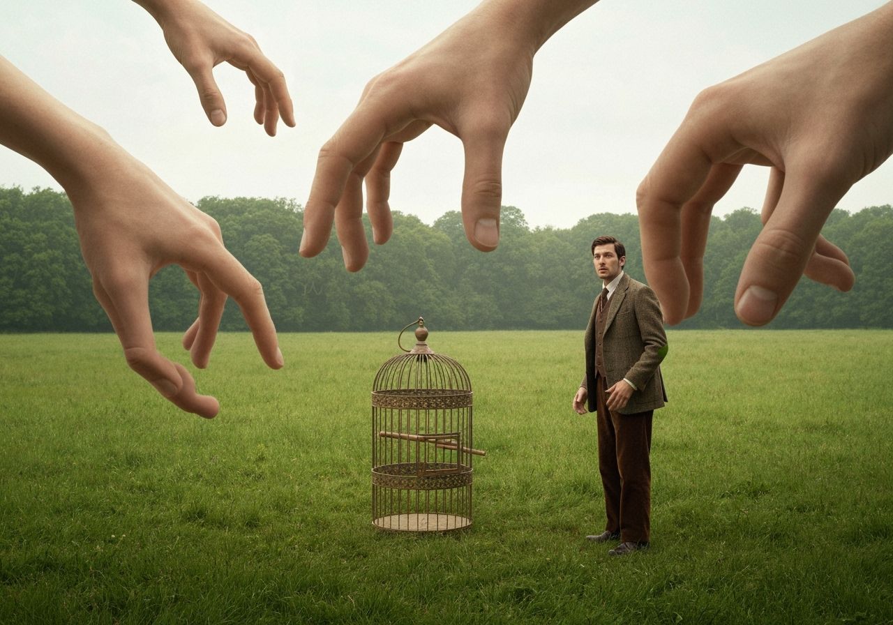 Surreal Giant Hands Reach for Man and Crocodile