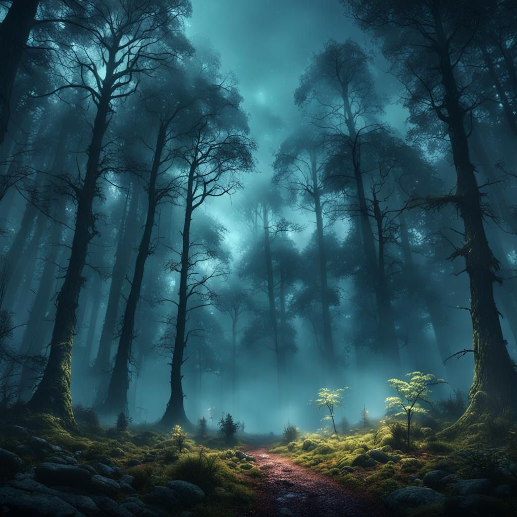 Dark Forest with Fog in Detailed Matte Painting
