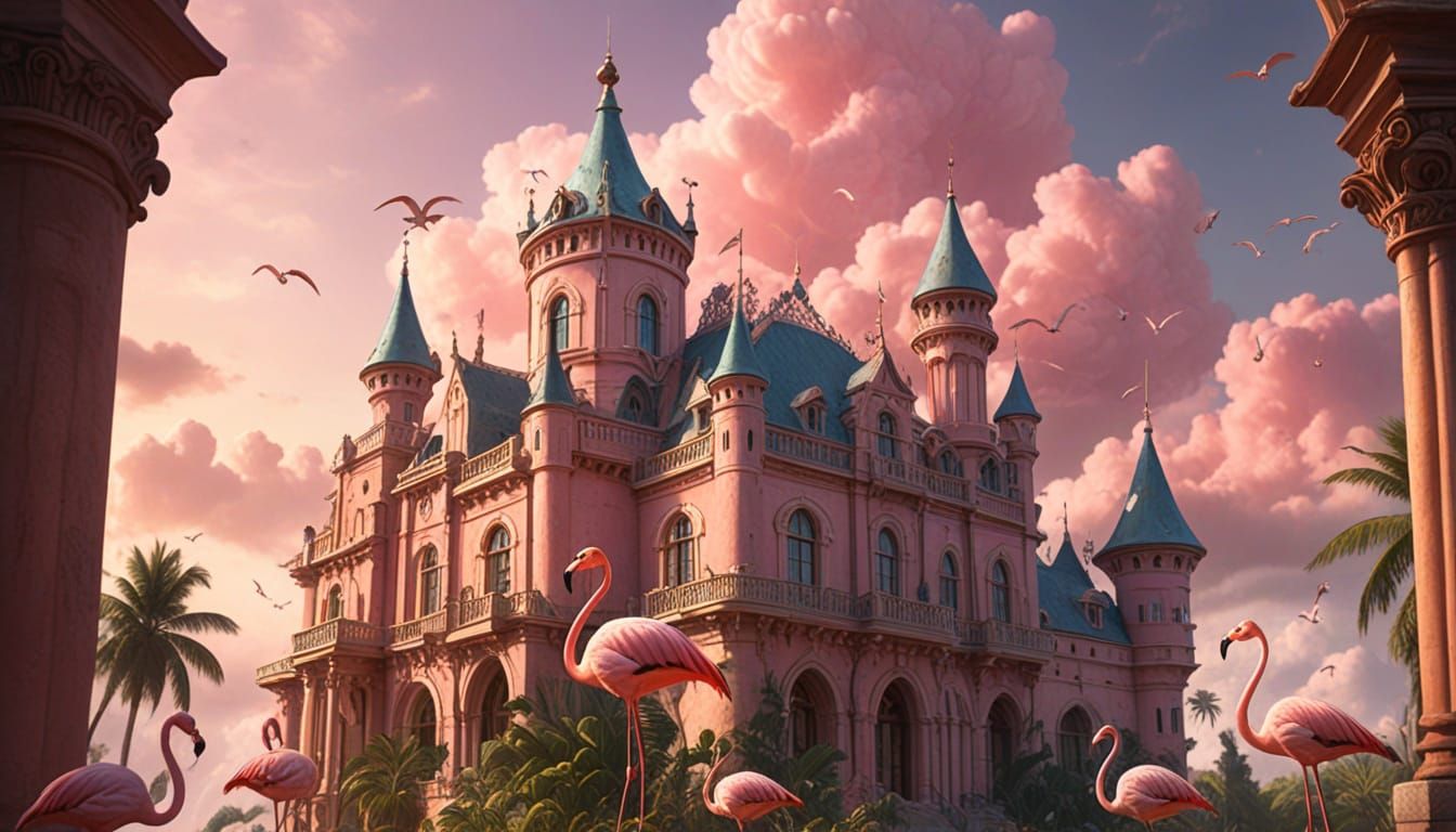 Pink Flamingos Stand in Unison in Front of a Grand Pink Cast...