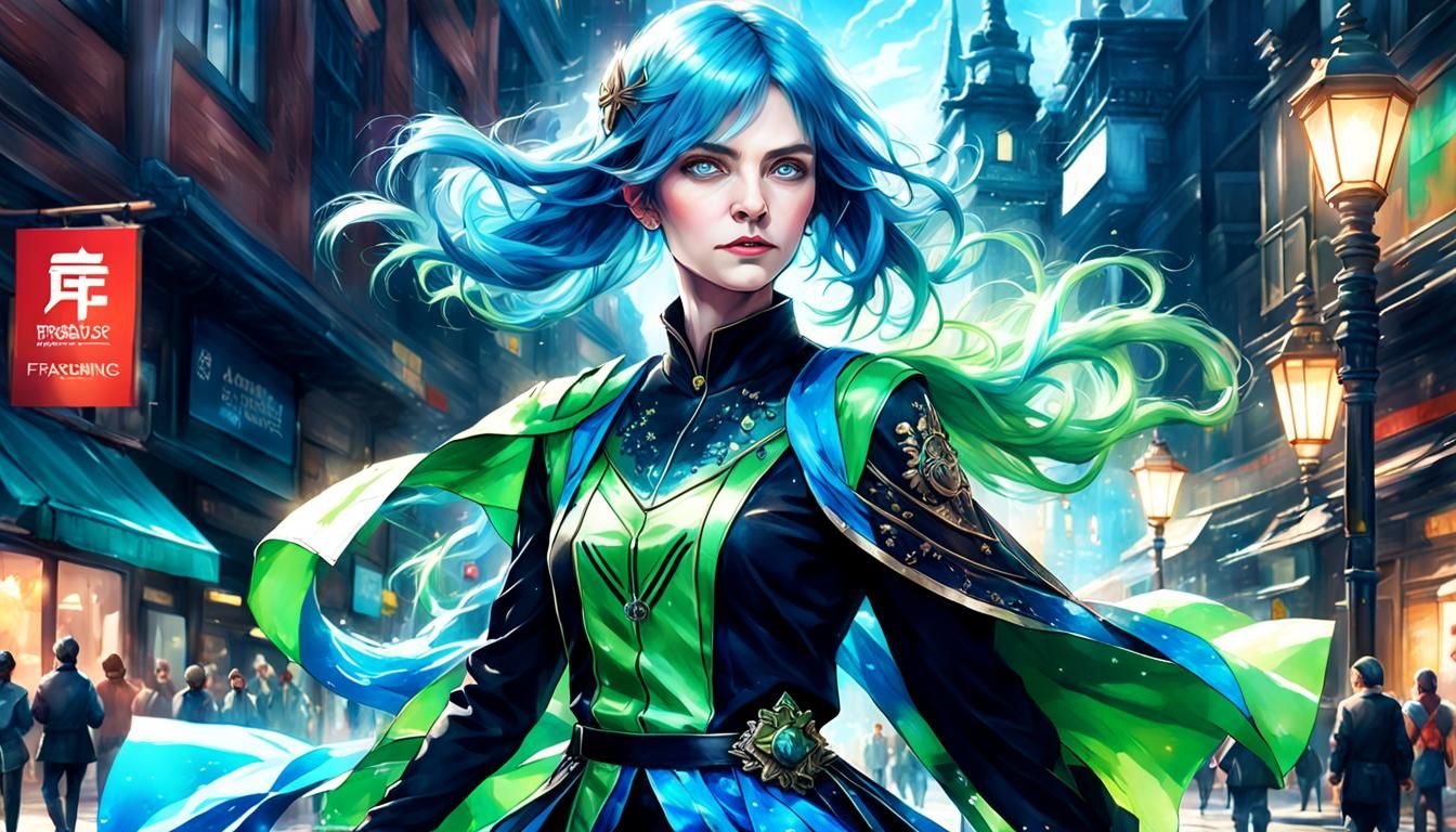 Azure Haired Woman in Glamorous Anime Style