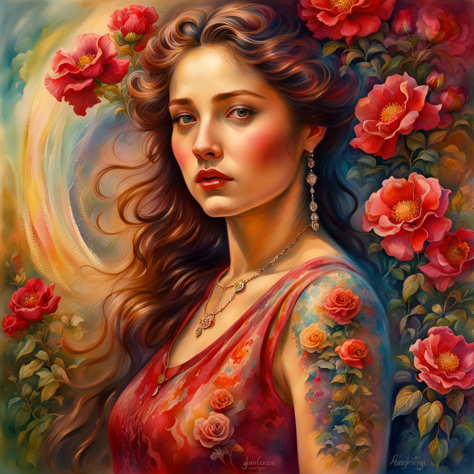 Voluptuous Woman with Rose Tattoo in Watercolor