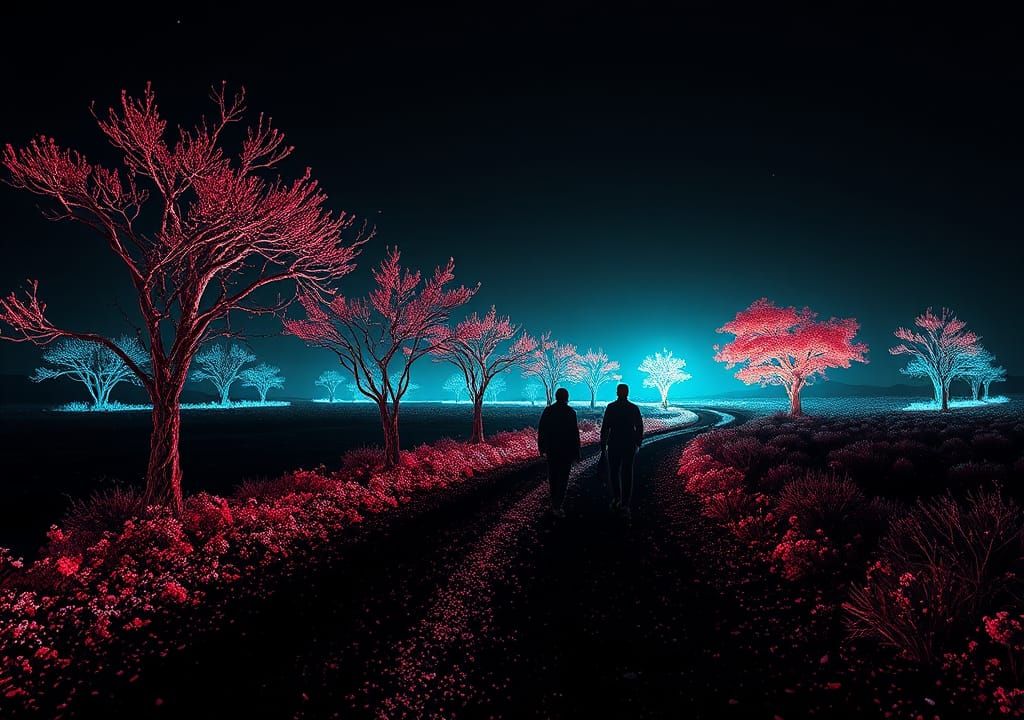 Ethereal Figures on Shimmering Trail in Space-Fi Couture