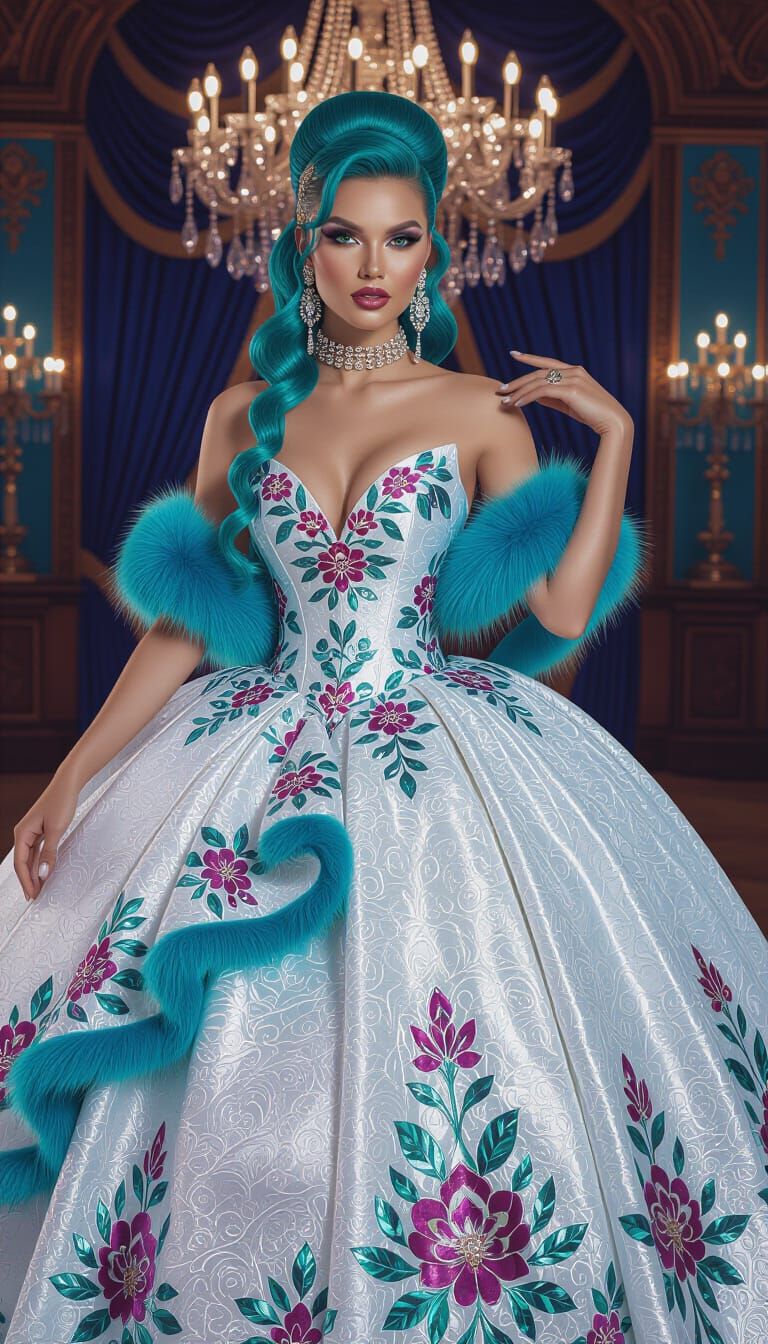 Woman with Turquoise Hair in Metallic Gown