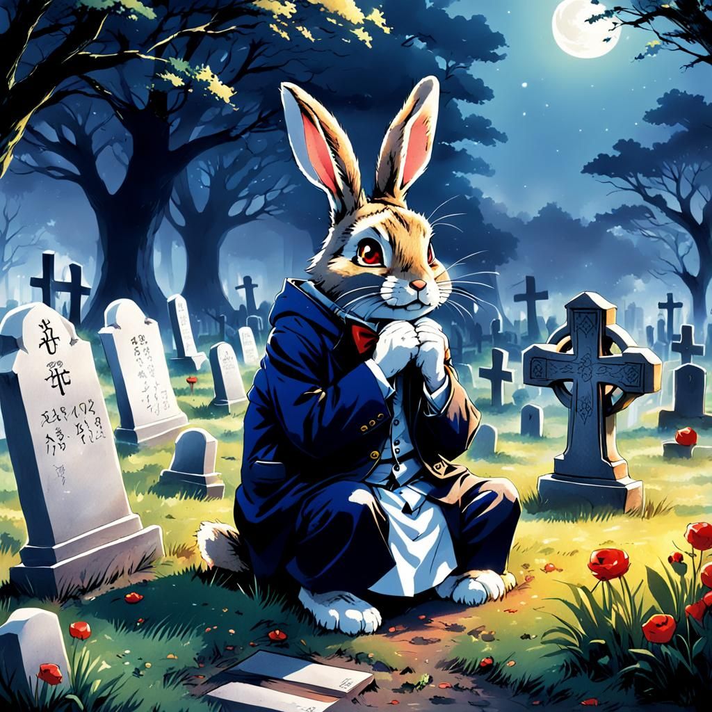 Sad Br'er Rabbit Mourns in Graveyard: Anime Style