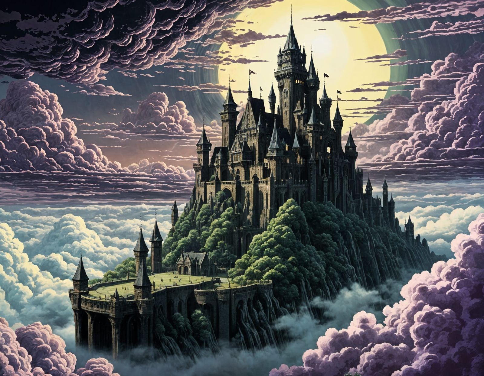 Gothic Brutalist Castle in Sky, Ink Art Style