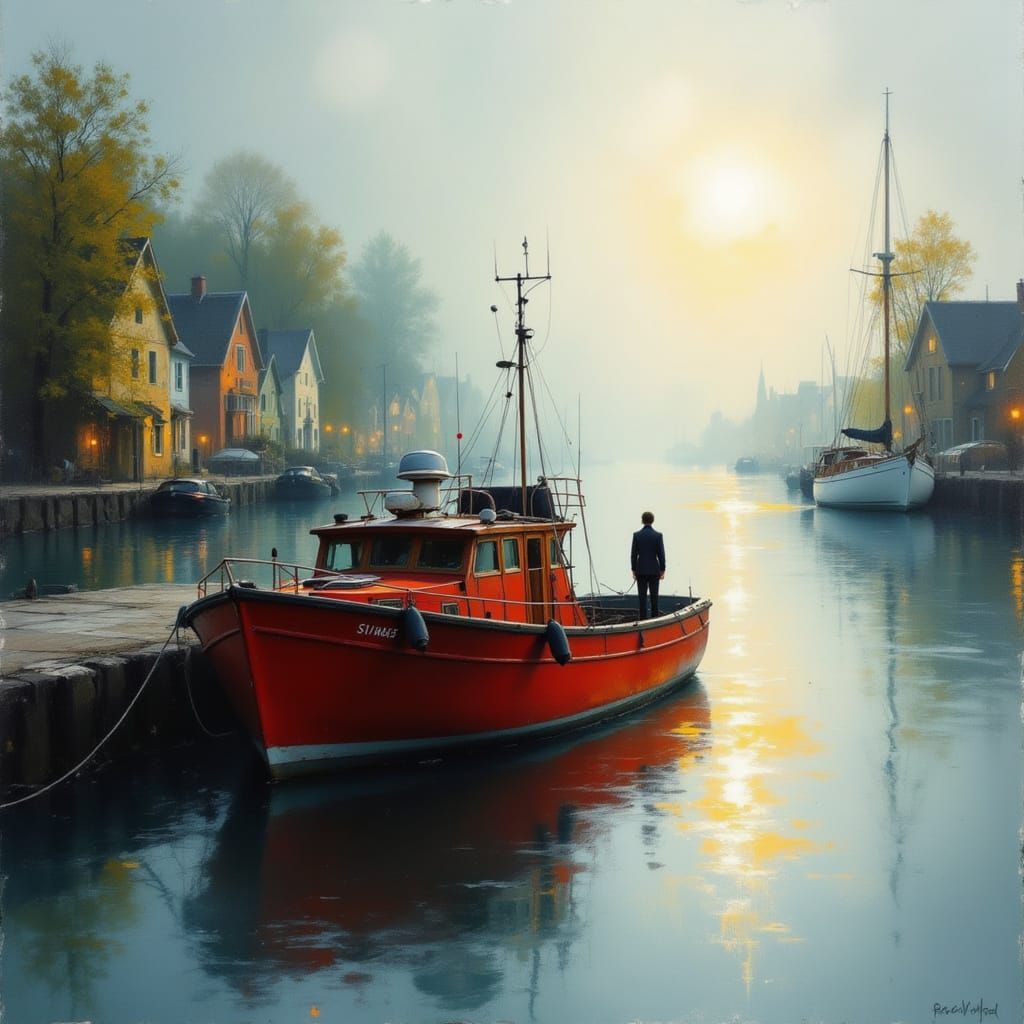 Red Boat in Quiet Harbor at Dawn