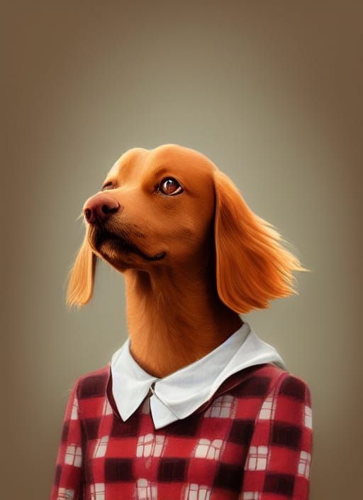 Anthropomorphic Dog Portrait in Schoolgirl Dress