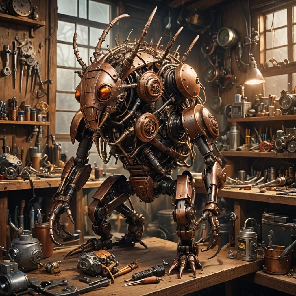 Steampunk Insectoid Creature on Workbench Concept Art