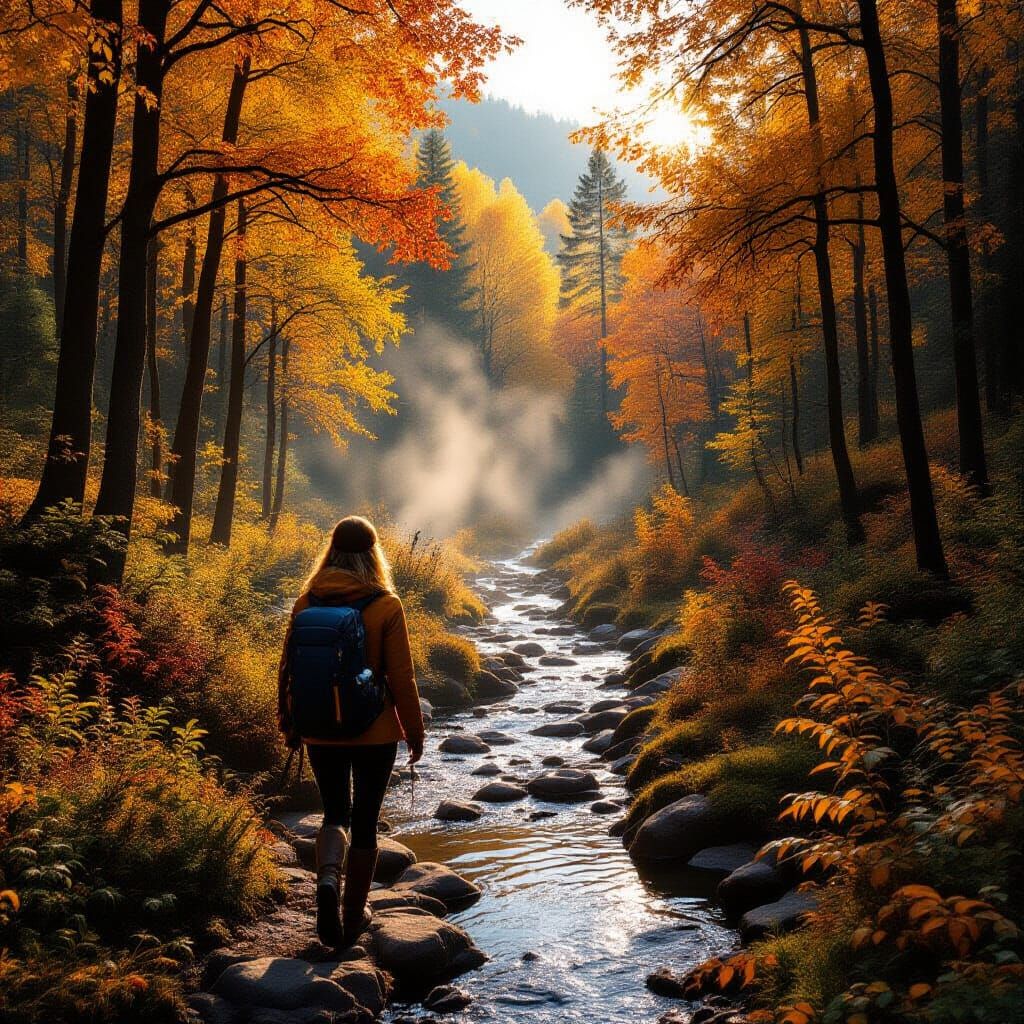 Lori Autumn Hiking in Vibrant Forest