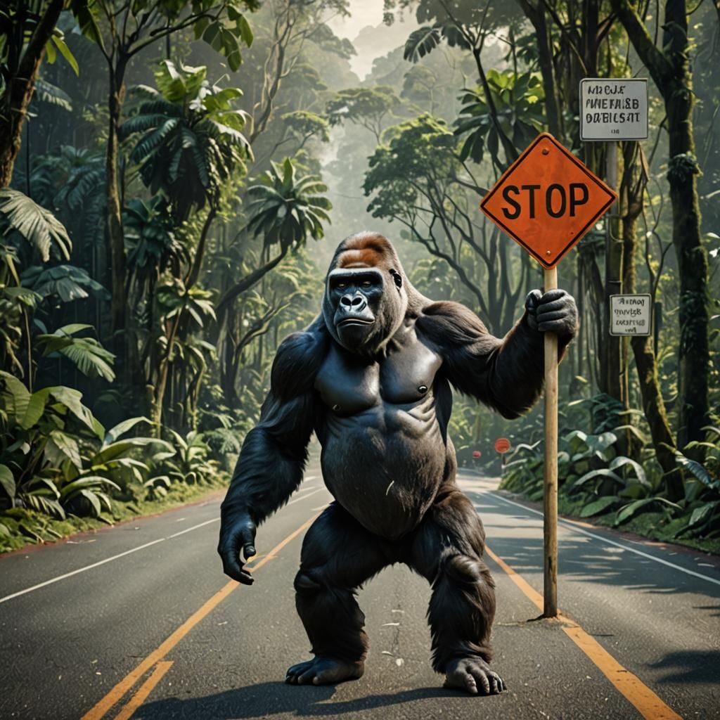 Gorilla's Rainforest Protest: Hyperrealistic Stop Sign Image