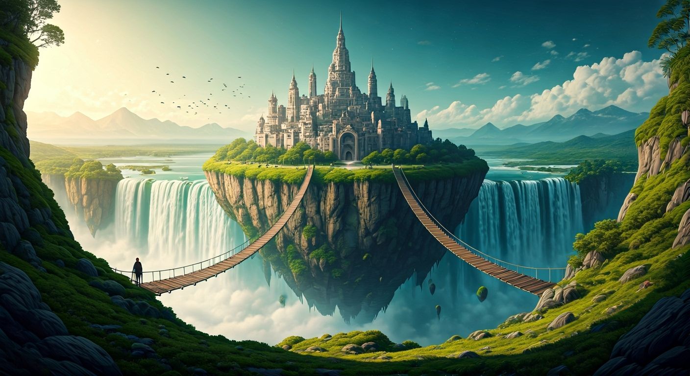 Medieval Island City with Waterfalls and Rope Bridges in Sur...