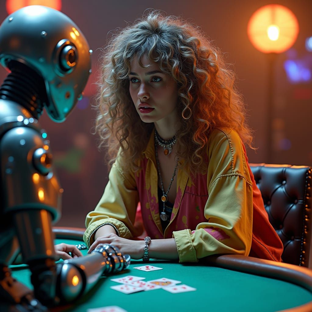 Hippie Girl vs Robot in Retro-Futuristic Poker Game