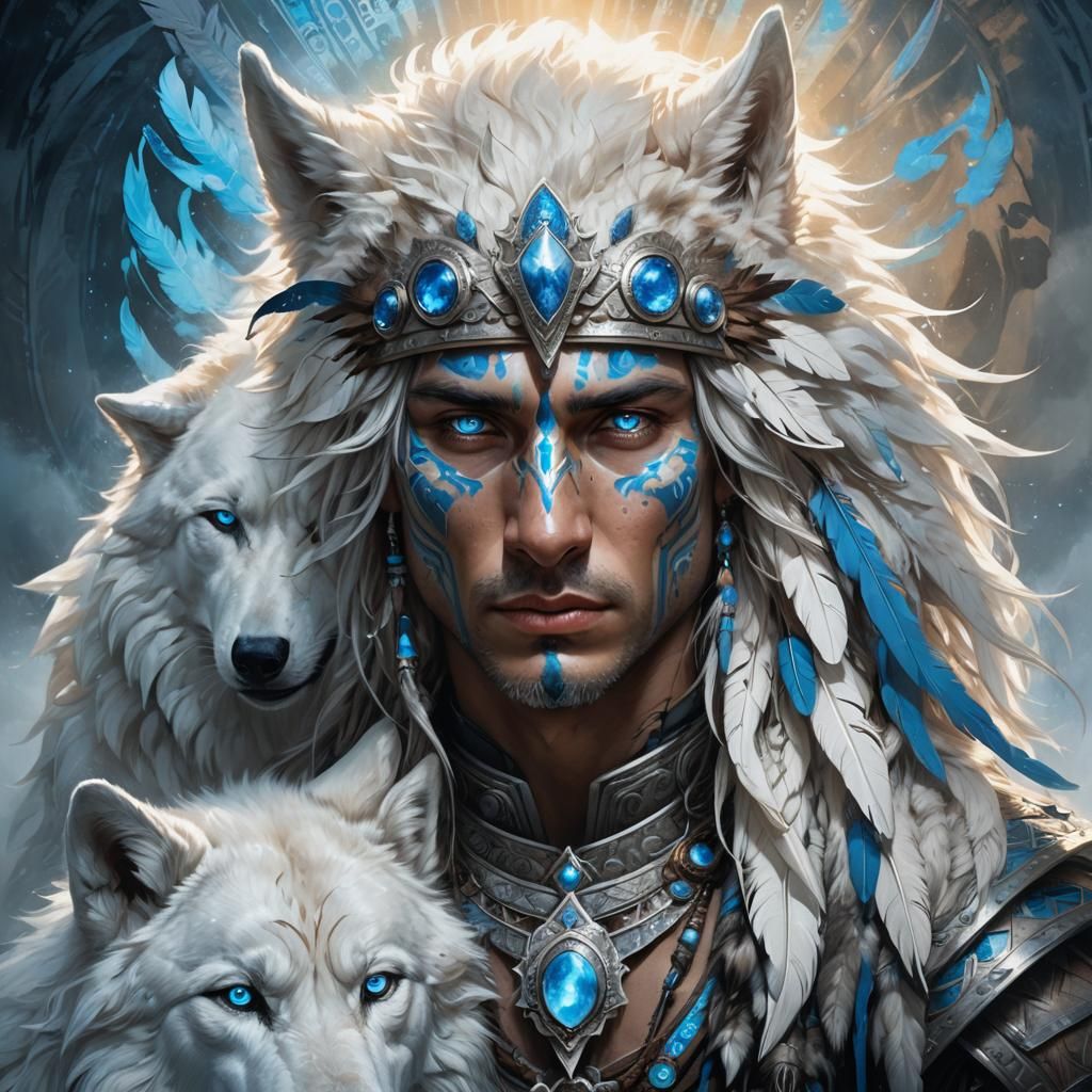 Warrior and Wolf Portrait in Dark Fantasy Style