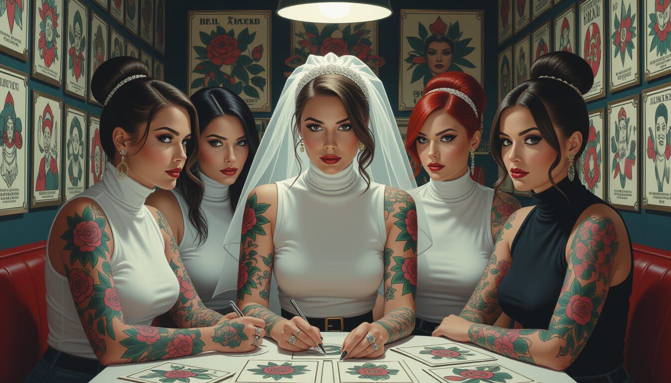 Bachelorette Party at Tattoo Parlor in Hyperrealistic Style