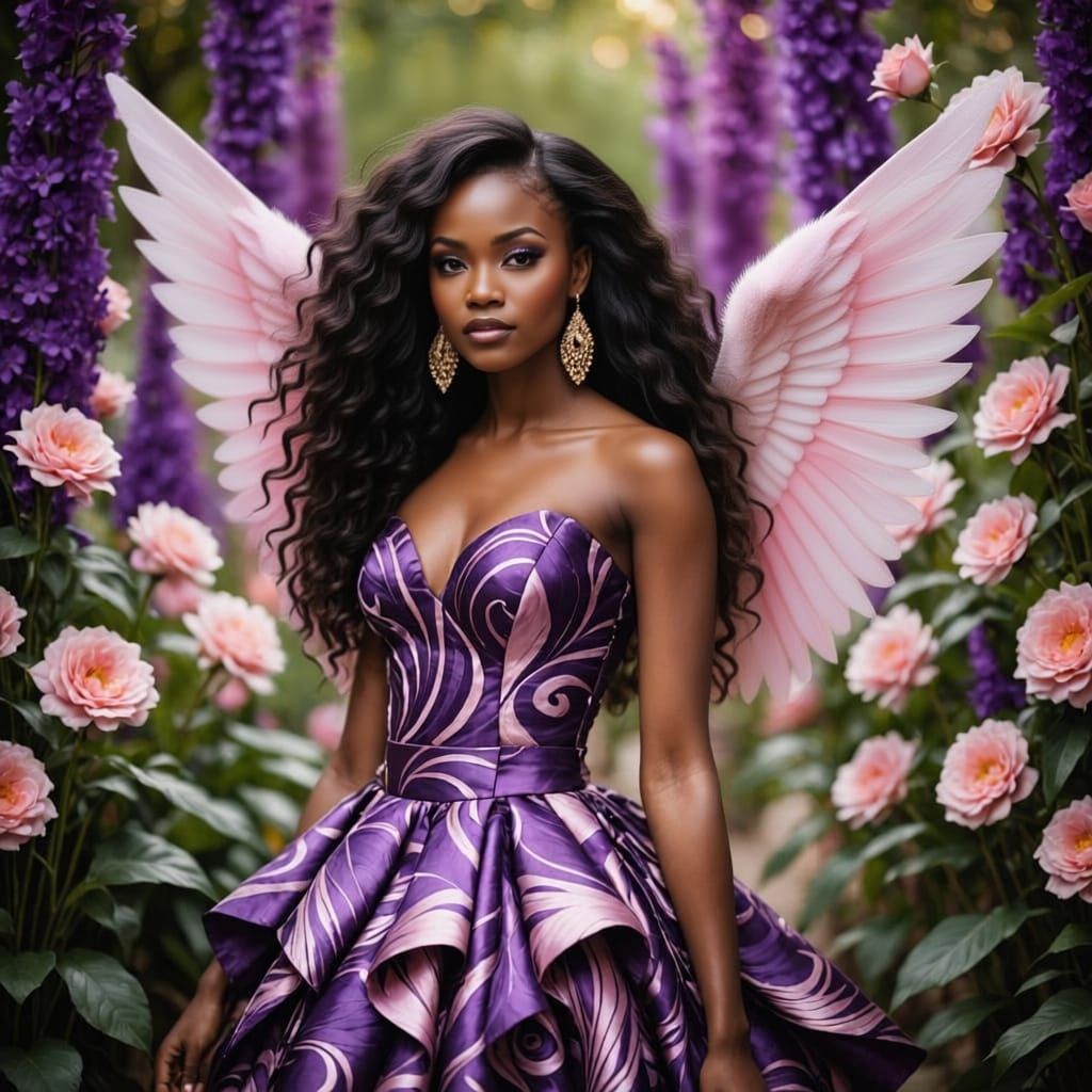 African Woman in Haute Couture Dress with Flowers