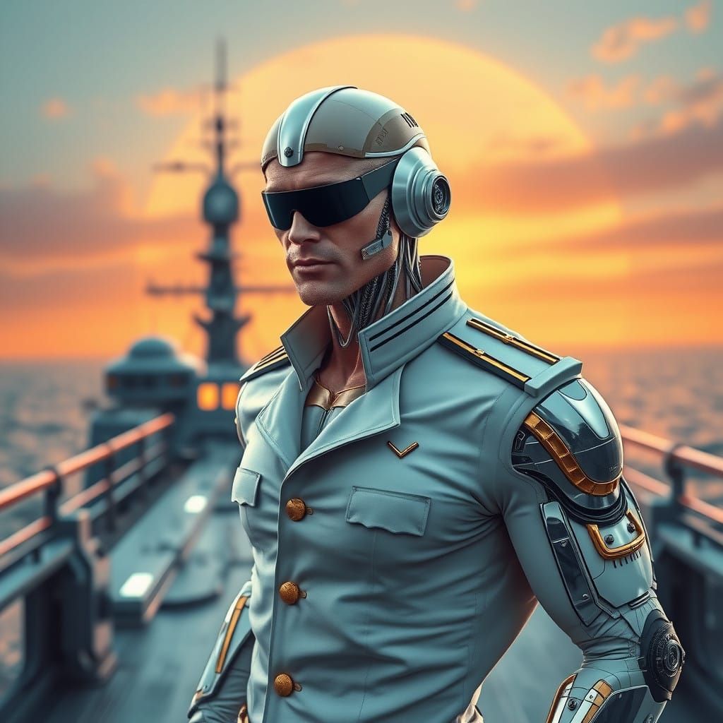 Cyborg Navy Officer in Futuristic Naval Setting