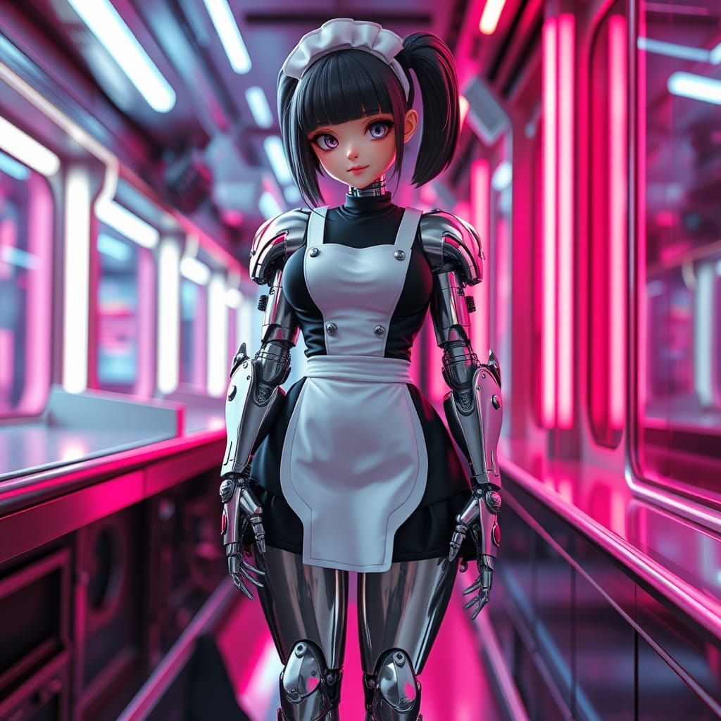 Cyborg Maid in Cutecore Cyberpunk Style