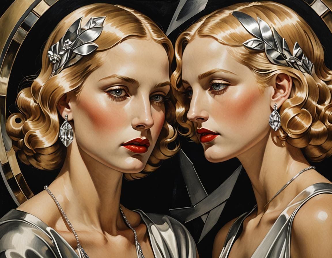 Elegant Art Deco Women with Silver Jewelry