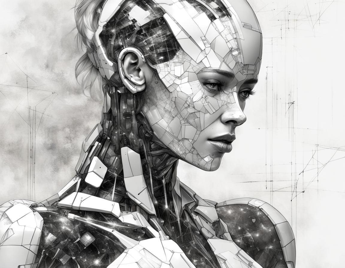 Crystalline Cyborg Figurine in Pencil Sketch Style