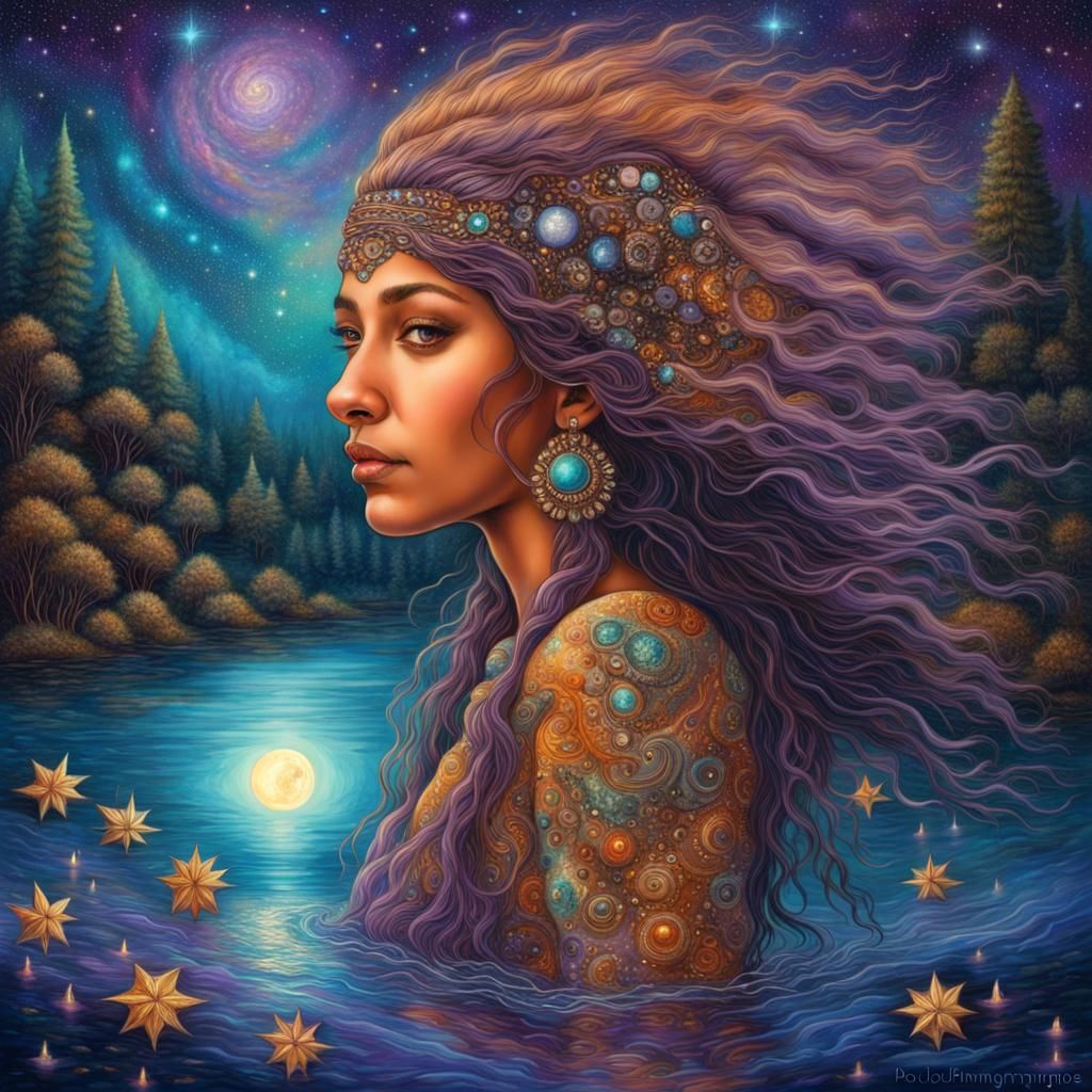 Cosmic Cherokee Girl Swimming: Psychedelic Night Art