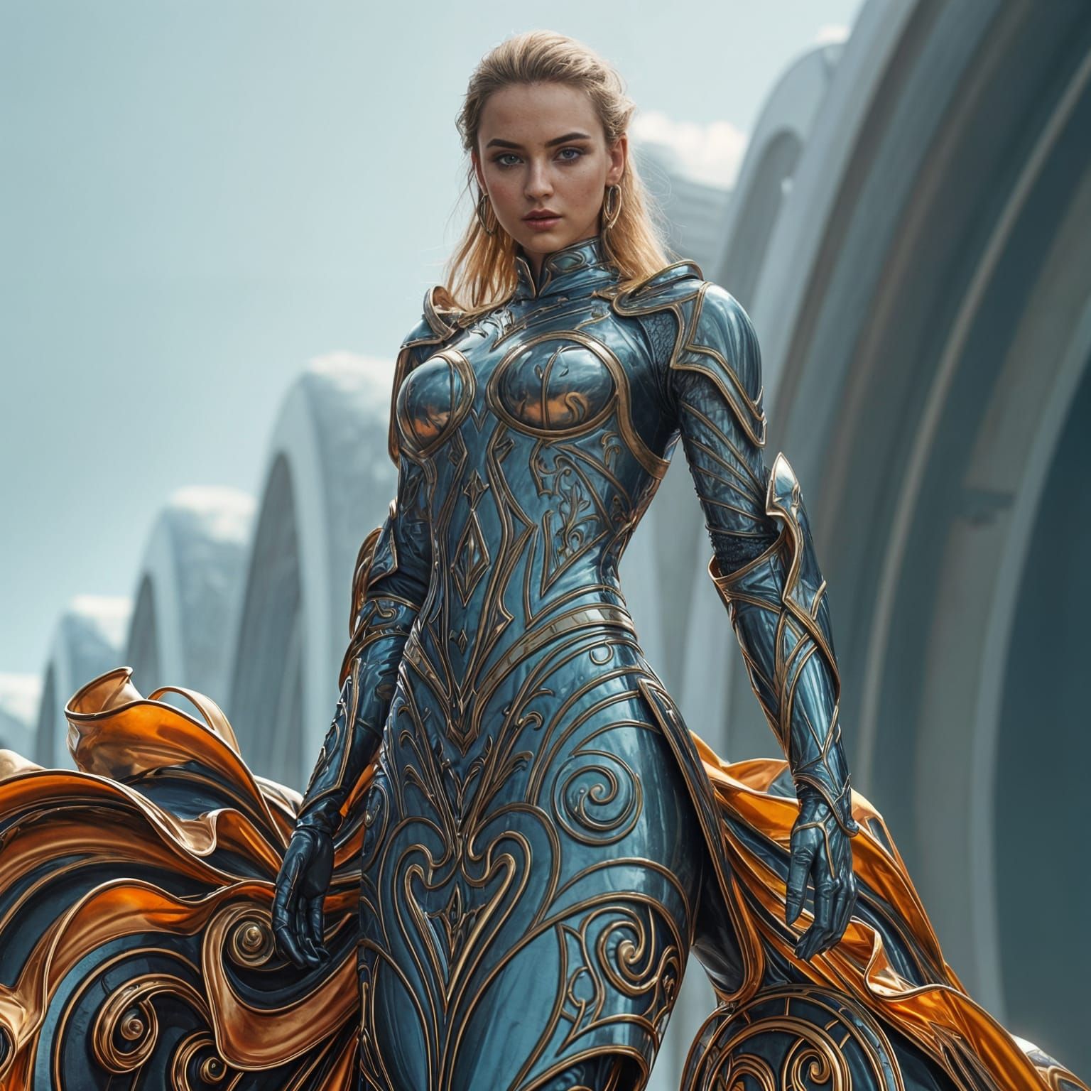 Glamorous Warrior in Shimmering Latex Armor