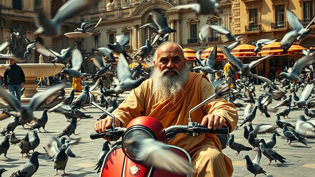 Guru's Chaotic Pigeon Scooter Ride in Stone Plaza